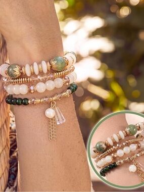 Anthropologie Green, Cream & Gold Layered Beaded Bracelet Set
